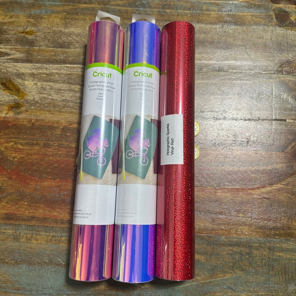 Cricut Holographic Vinyl Bundle Pink Blue Red Sparkle 12x48 3 Rolls‎ New